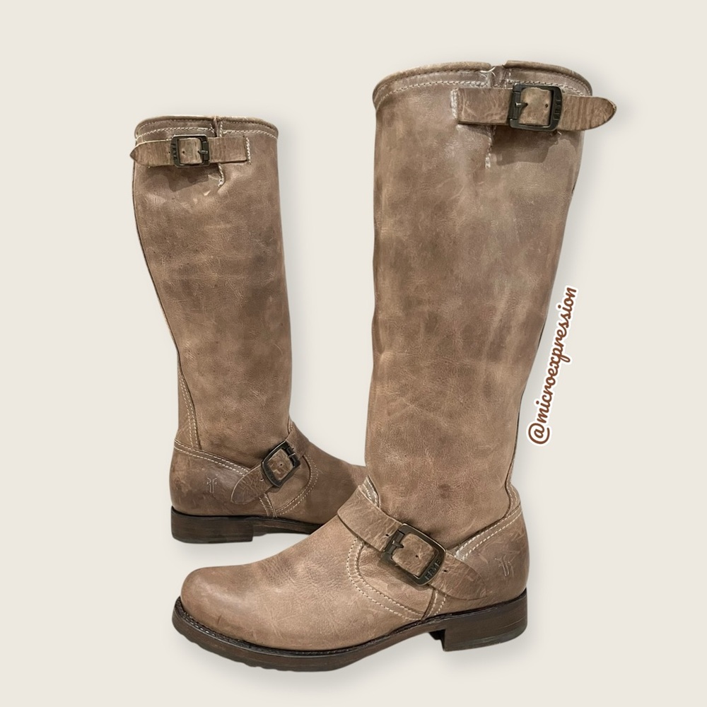 $399 Frye Veronica Slouch Tan Distressed Leather Engineer Moto Tall Buckle Boot - Picture 1 of 16